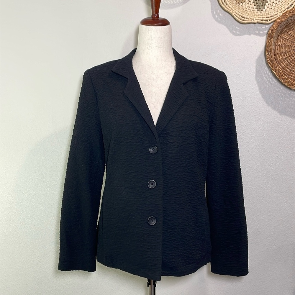 Eileen Fisher Black Pucker Knit Jacket Lined 3 Button Blazer Jacket Black Medium
